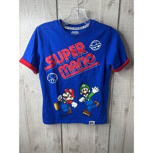Super Mario Kids Size Large 10-12 T-Shirt Blue Red Trim Crew Neck Short Sleeve
